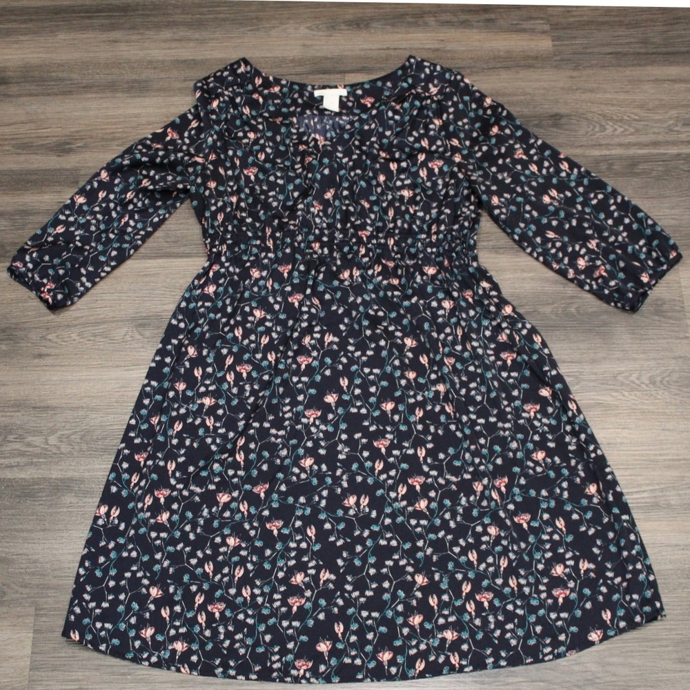 H&M Mama Womens Floral Print Dress‎ Navy Blue 3/4 Sleeve Ruffle Neck Small
